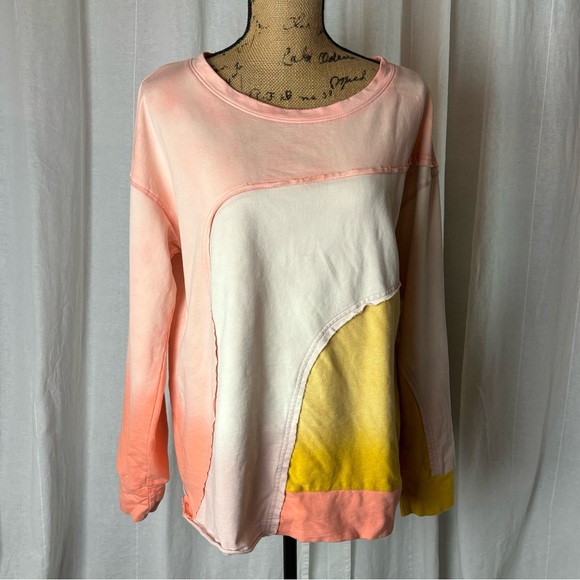 Bibi Color Block Fleece Pullover Women’s L Ivory Peach Yellow Long Sleeve - Picture 2 of 7